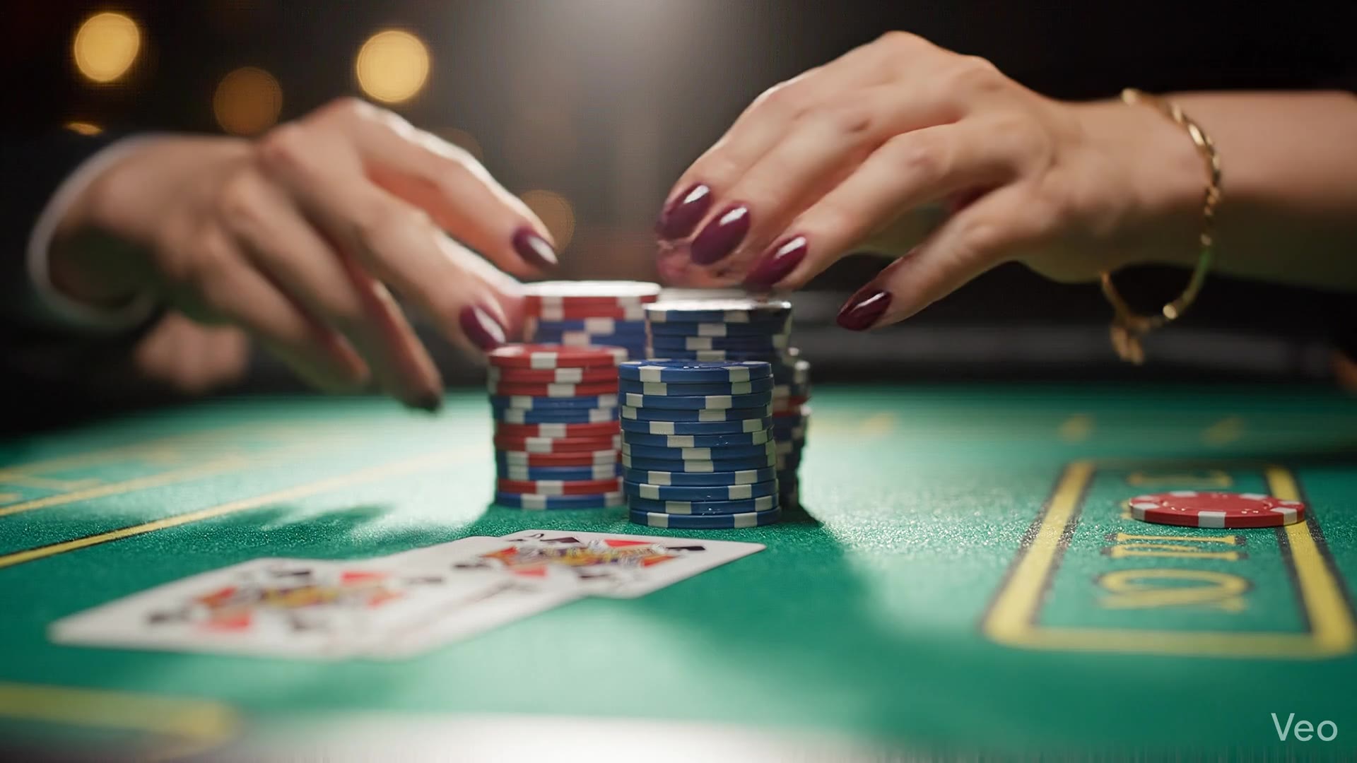 Close-up poker chips on the felt
